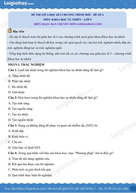 Đề thi giữa kì 1 KHTN 9 Kết nối tri thức - Đề số 4